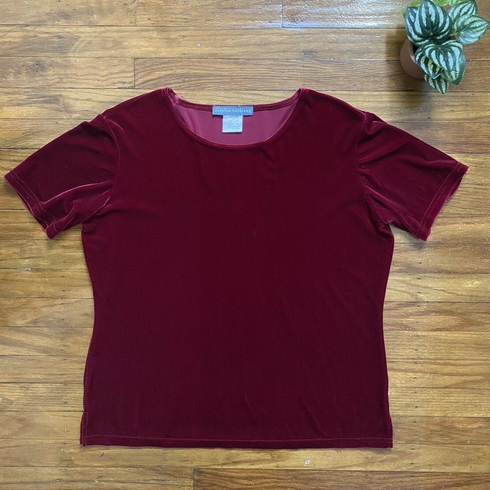 Jessica Holbrook Y2K Women Red Velvet Top Elbow Length Sleeve Sz Med Made in USA